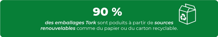 90% des emballages Tork sont poduits à partir de sources renouvelables comme du papier ou du carton recyclable. 90% des emballages Tork sont poduits à partir de sources renouvelables comme du papier ou du carton recyclable.